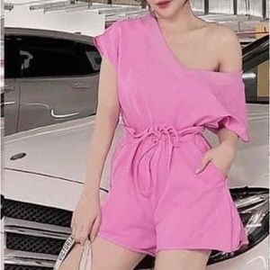 One Shoulder Puff Sleeve Belted Romper - Pink S